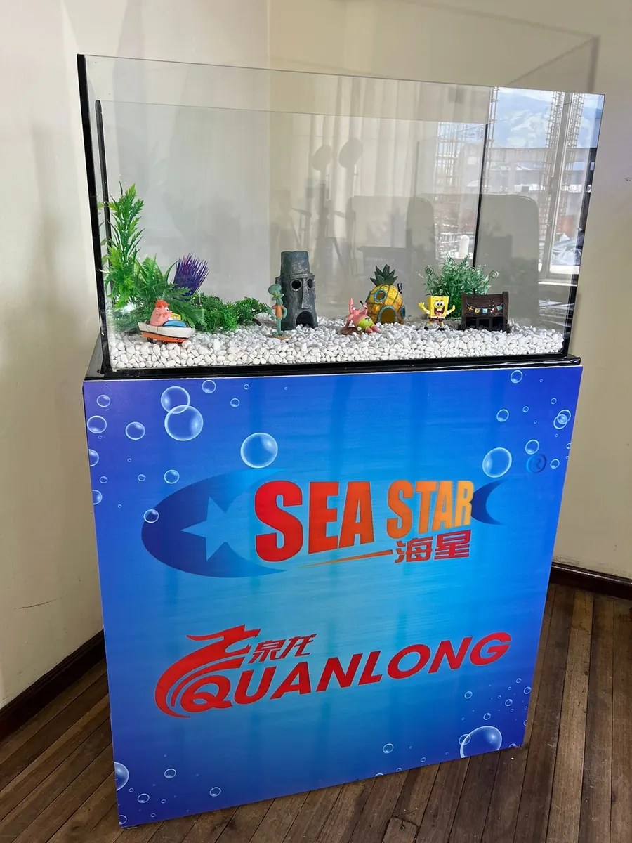 Acuario decorado sobre un mueble azul con los logos de Sea Star y Quanlong