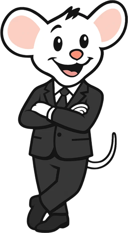 Martpet, la mascota de MARTPET, con traje y brazos cruzados